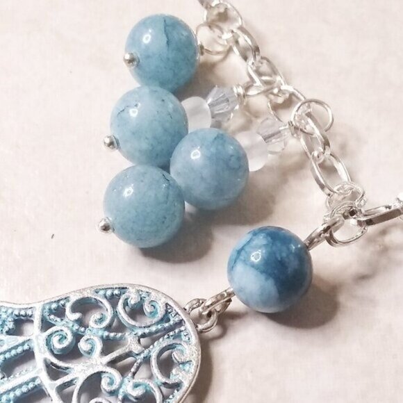 Boho Blue Agate & Patina Painted Hamsa Hand + Buddha - 20" Adjustable Necklace - Picture 8 of 9